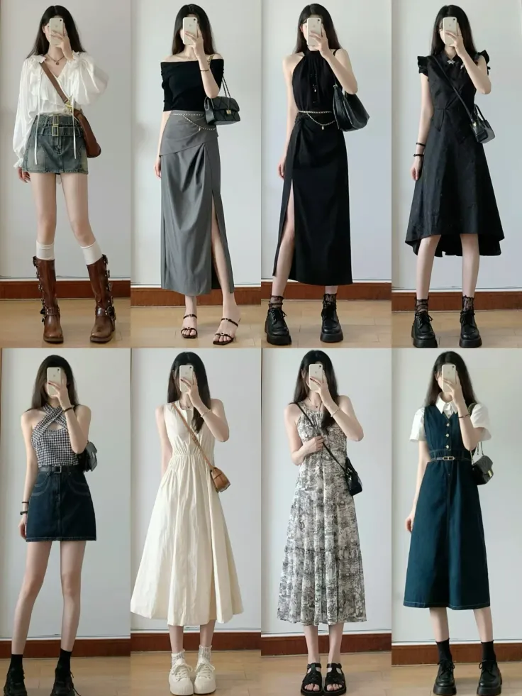 Eight women in different casual outfits standing against a white background
