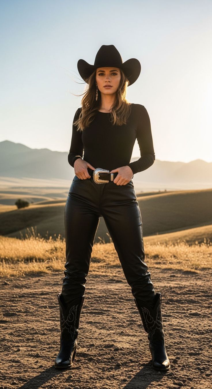 Woman in a cowboy hat and leather pants standing in a field at golden hour