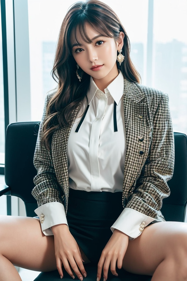 Woman in a plaid blazer and mini skirt sitting indoors