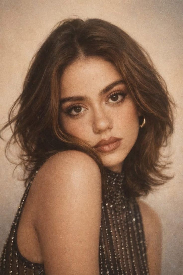 Woman with short dark hair wearing a sequin top, looking directly at the viewer