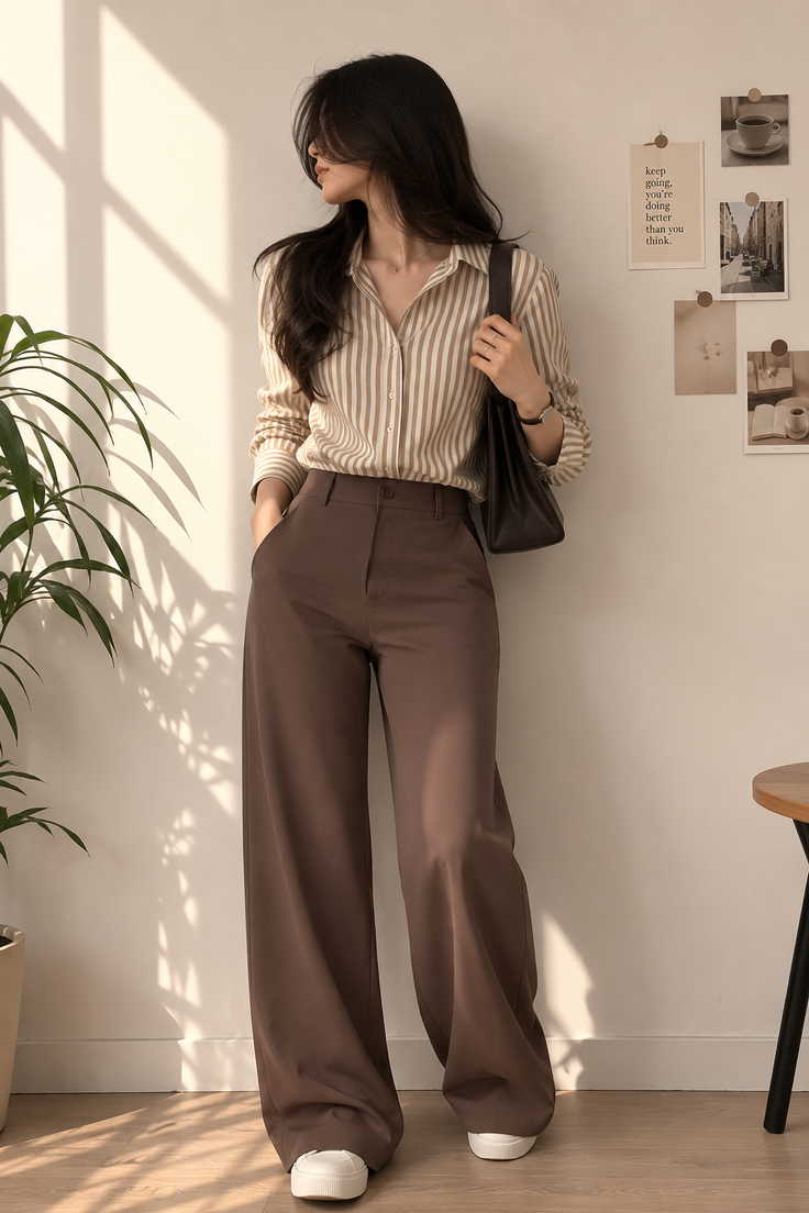Woman in a striped shirt and brown wide leg pants standing indoors