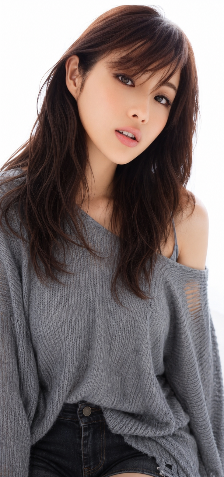 Woman with long brown hair wearing a gray off-shoulder sweater and black shorts