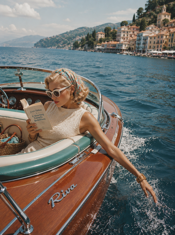 Blonde woman in a boat on a lake, reading a book and touching the water