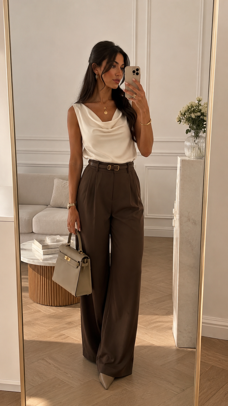 Woman in a white top and brown wide-leg pants taking a mirror selfie