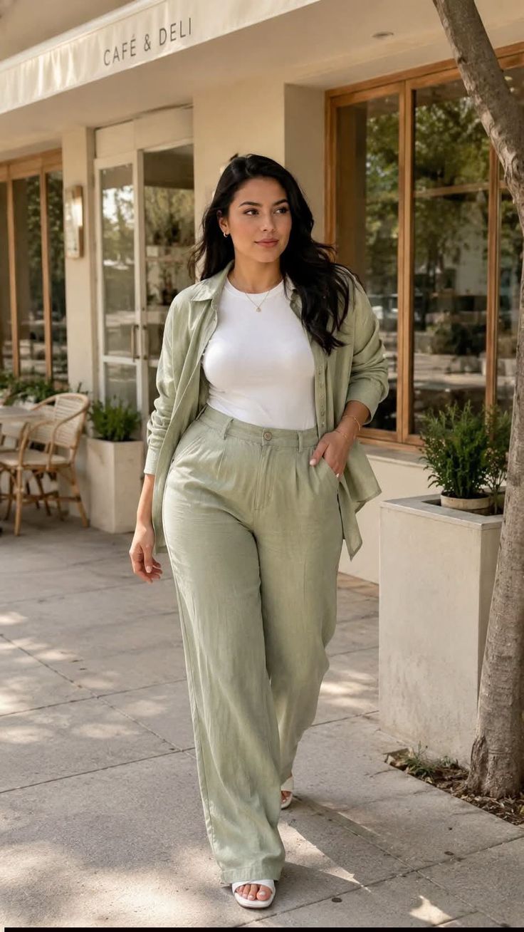 Woman in a light green outfit walking past a cafe on a sunny day