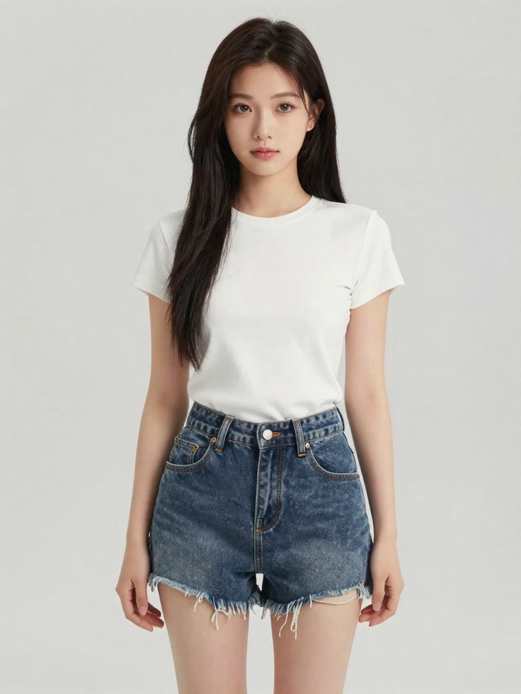 Woman with long dark hair wearing a white t-shirt and denim shorts