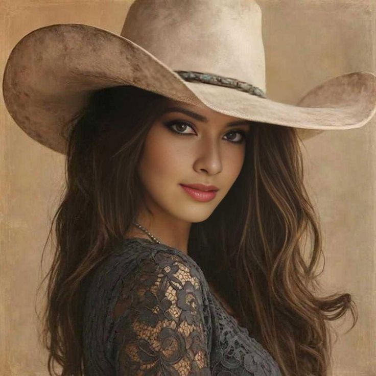 Woman with long hair wearing a cowboy hat and a lace top
