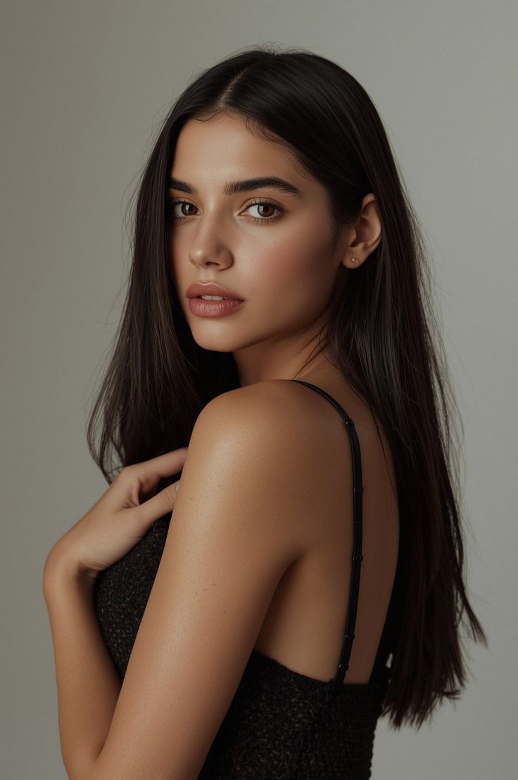 Woman with long dark hair wearing a black top in a studio portrait