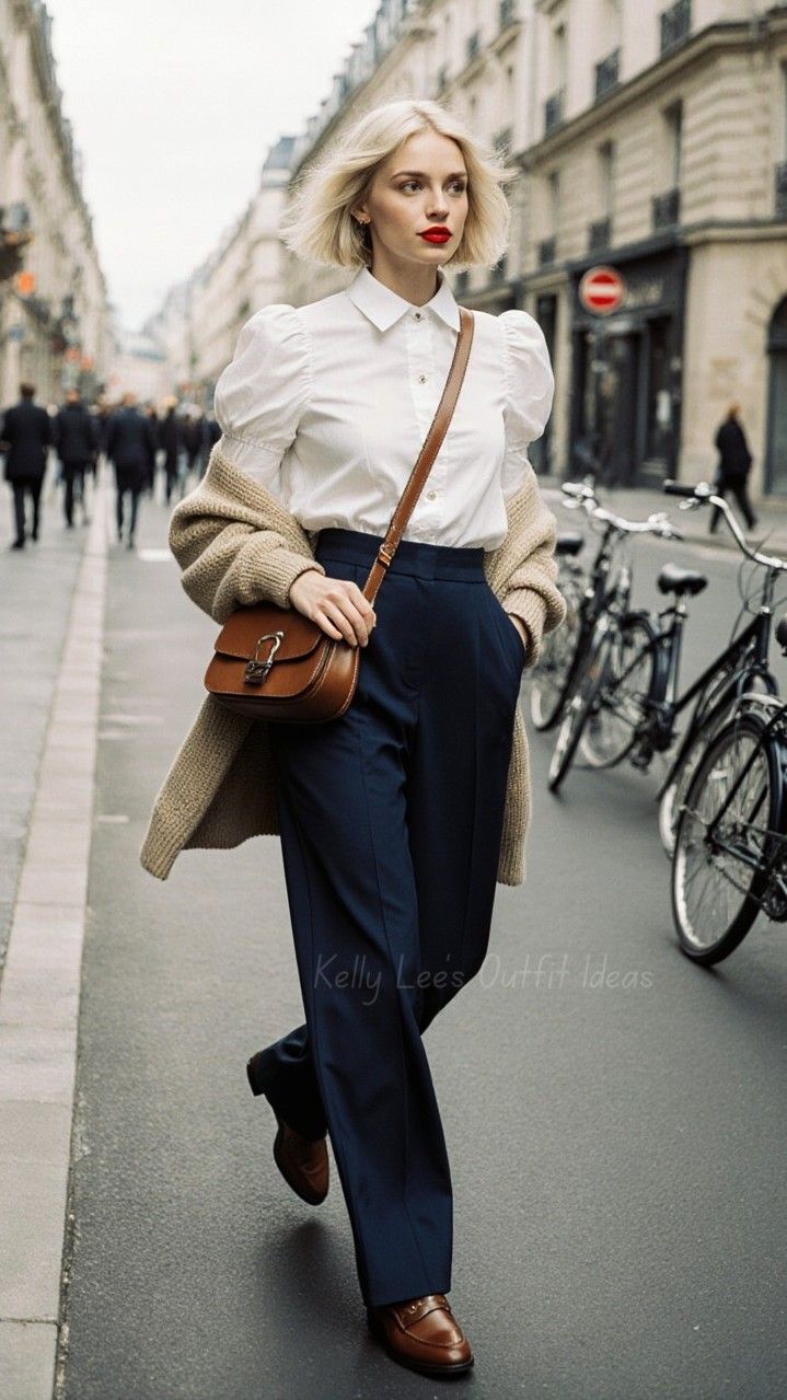Woman with blonde bob hair in a white shirt and navy pants walking on a street