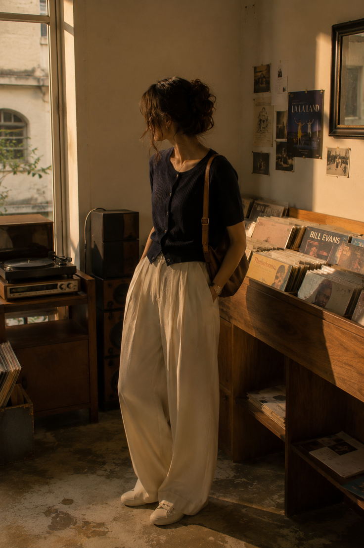 Woman in a record store looking out a window with warm lighting