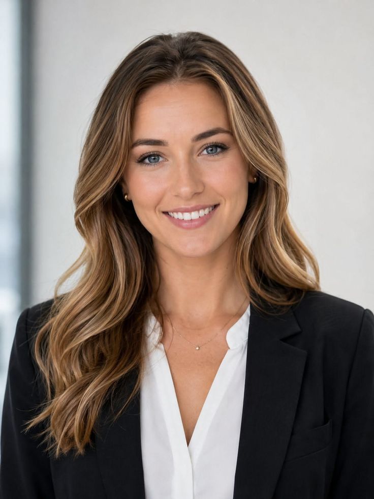 Woman with long blonde hair and blue eyes wearing a suit and white shirt