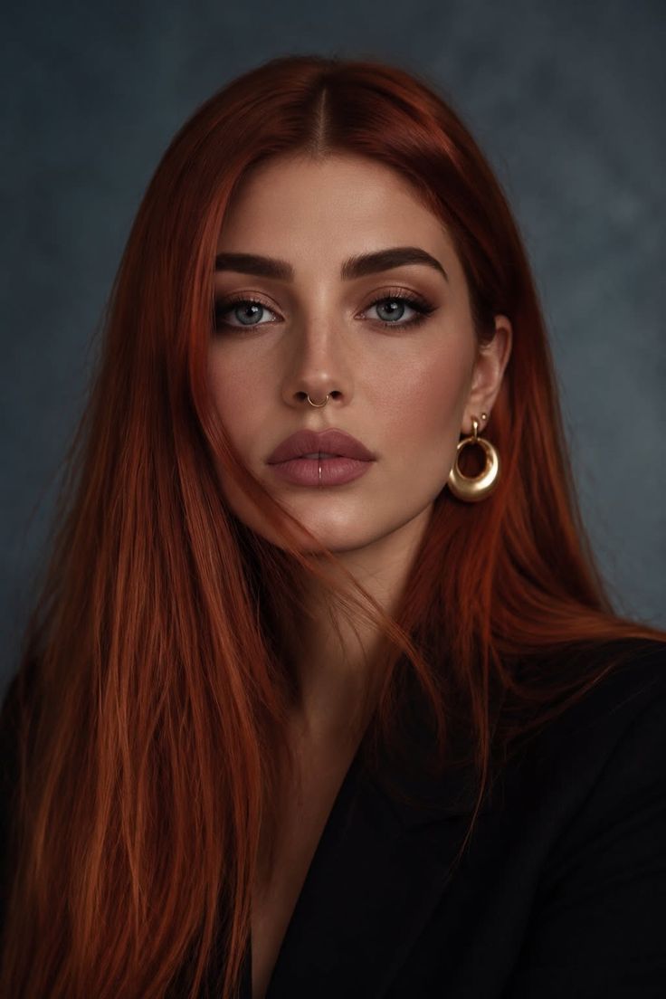 Woman with long red hair and blue eyes wearing a nose ring and gold earrings