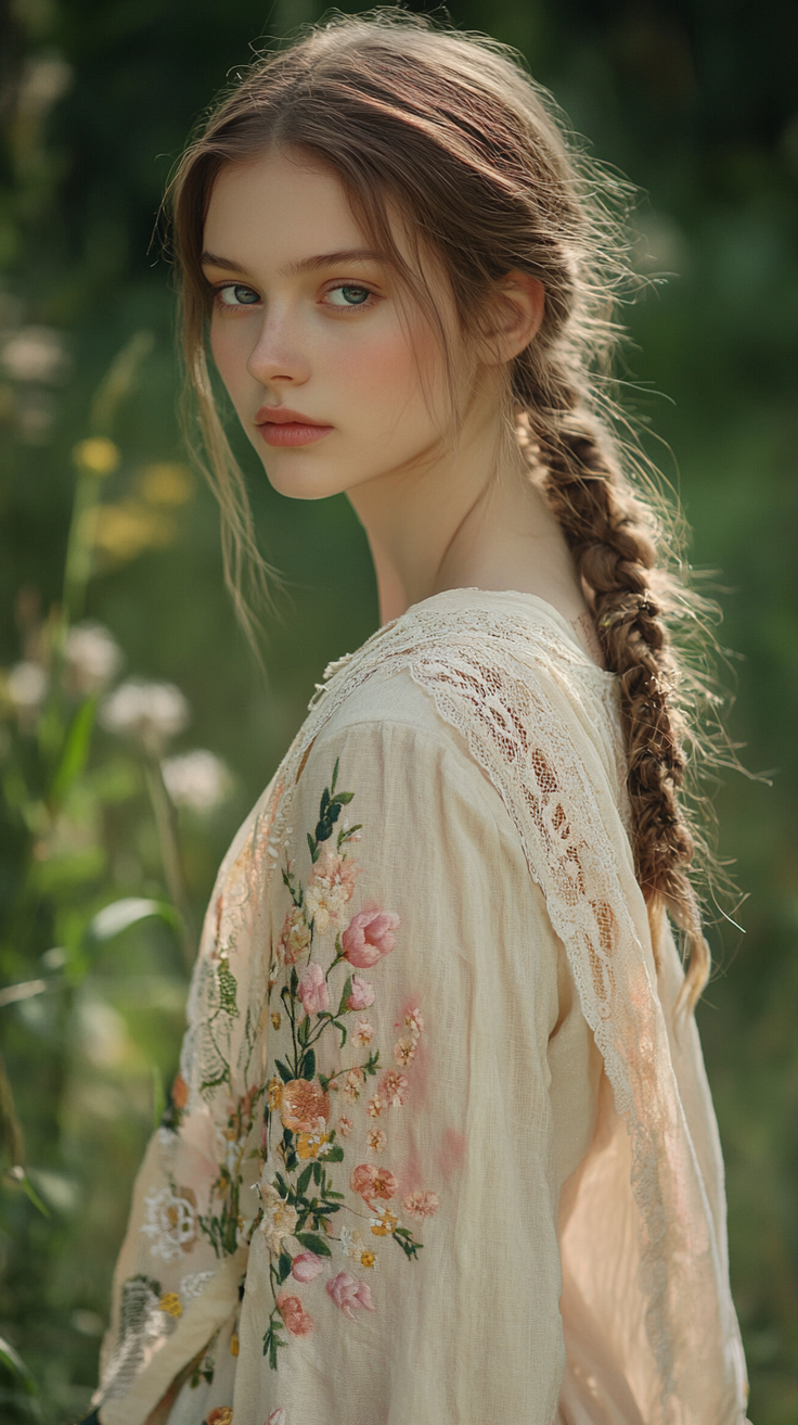 Young woman with a braid wearing an embroidered dress outdoors