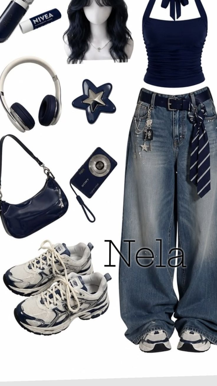 Fashion flat lay with wide leg jeans, navy top, sneakers, and accessories