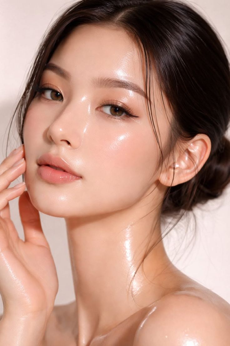 Woman with glowing skin and natural makeup, bare shoulders visible