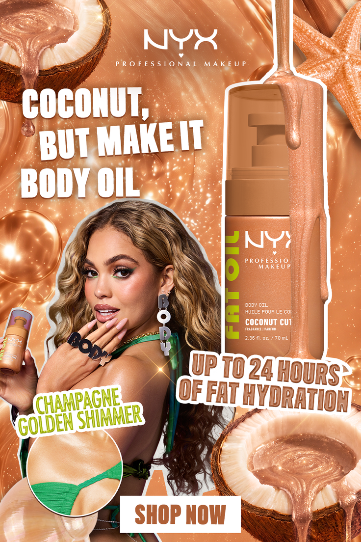 Woman in a green bikini holding body oil with shimmering skin and a glitter background