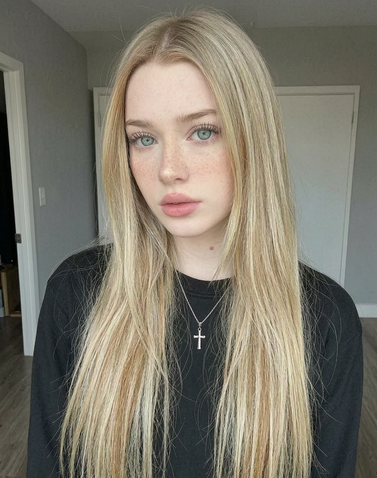 Woman with long blonde hair and freckles wearing a cross necklace indoors