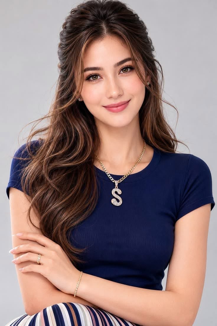Woman with long brown hair wearing a navy blue top and jewelry