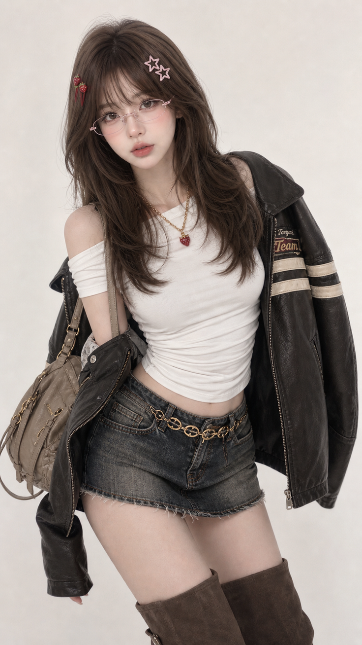 Woman in a crop top, denim skirt, and leather jacket with long hair and glasses