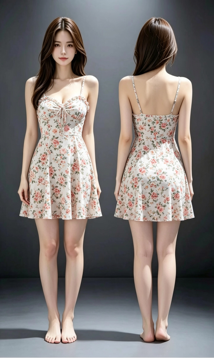 Woman in a floral dress shown from front and back in a studio setting