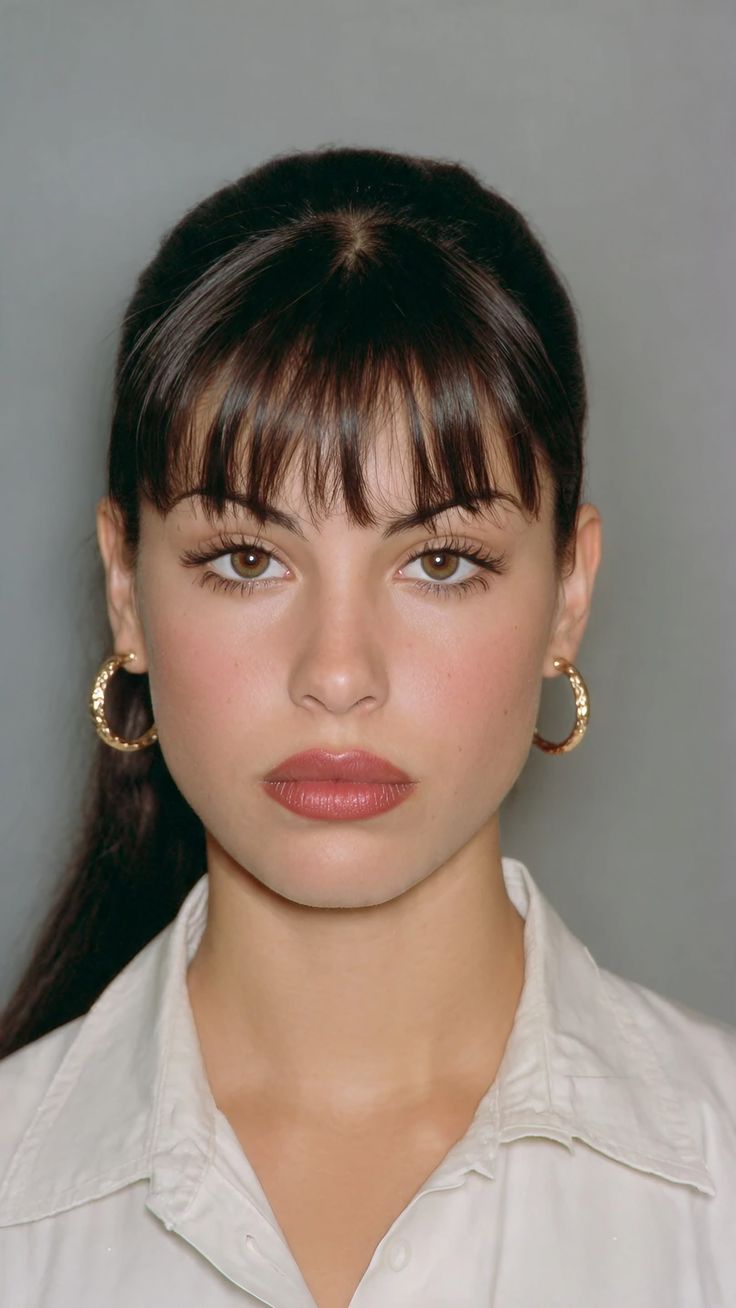 Woman with dark hair and bangs wearing a white shirt and gold hoop earrings