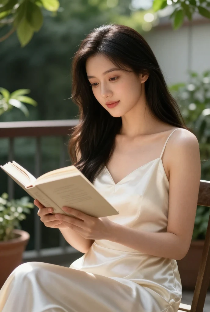 Woman in a satin dress reading a book outdoors with soft lighting