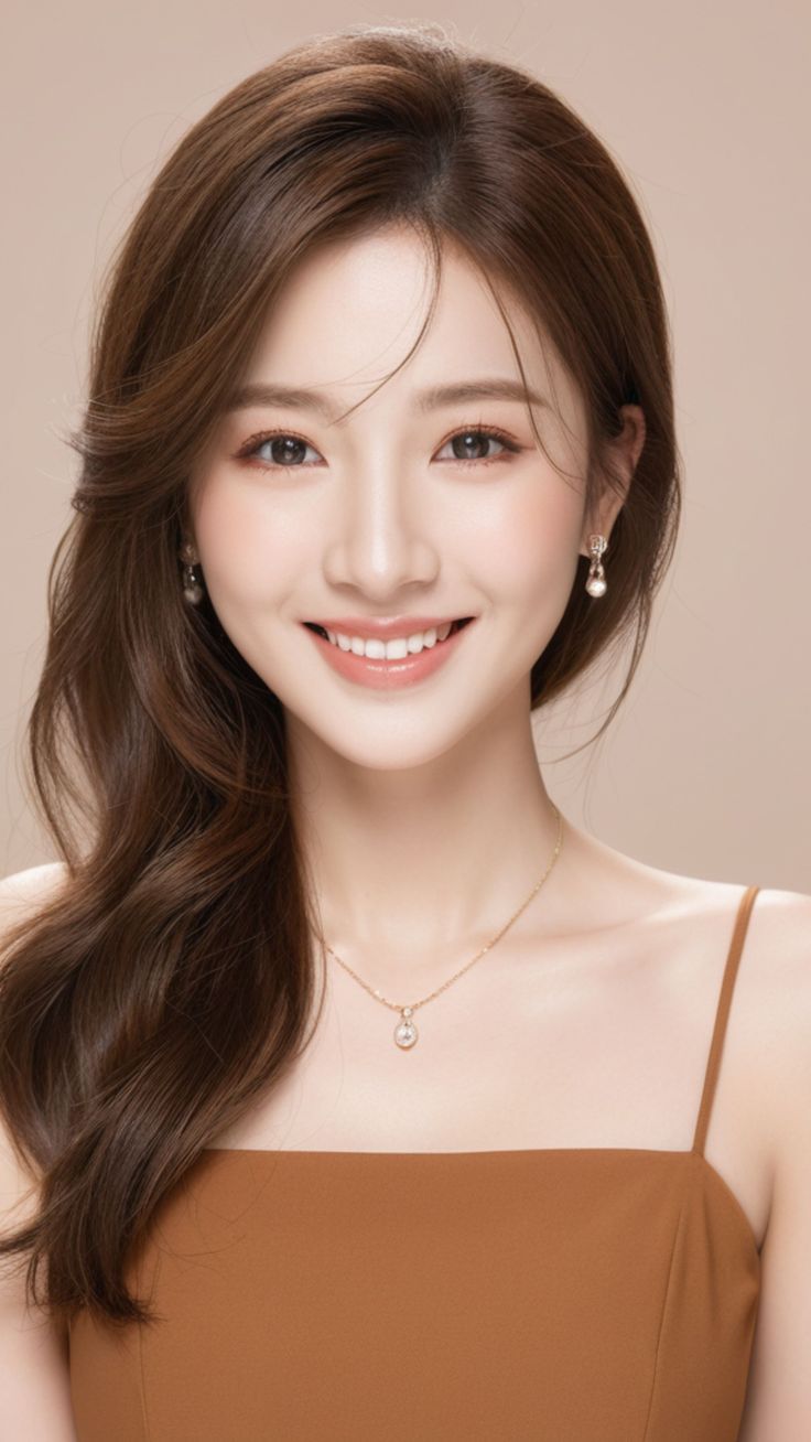 Woman with long brown hair wearing a brown top and jewelry, smiling at the camera