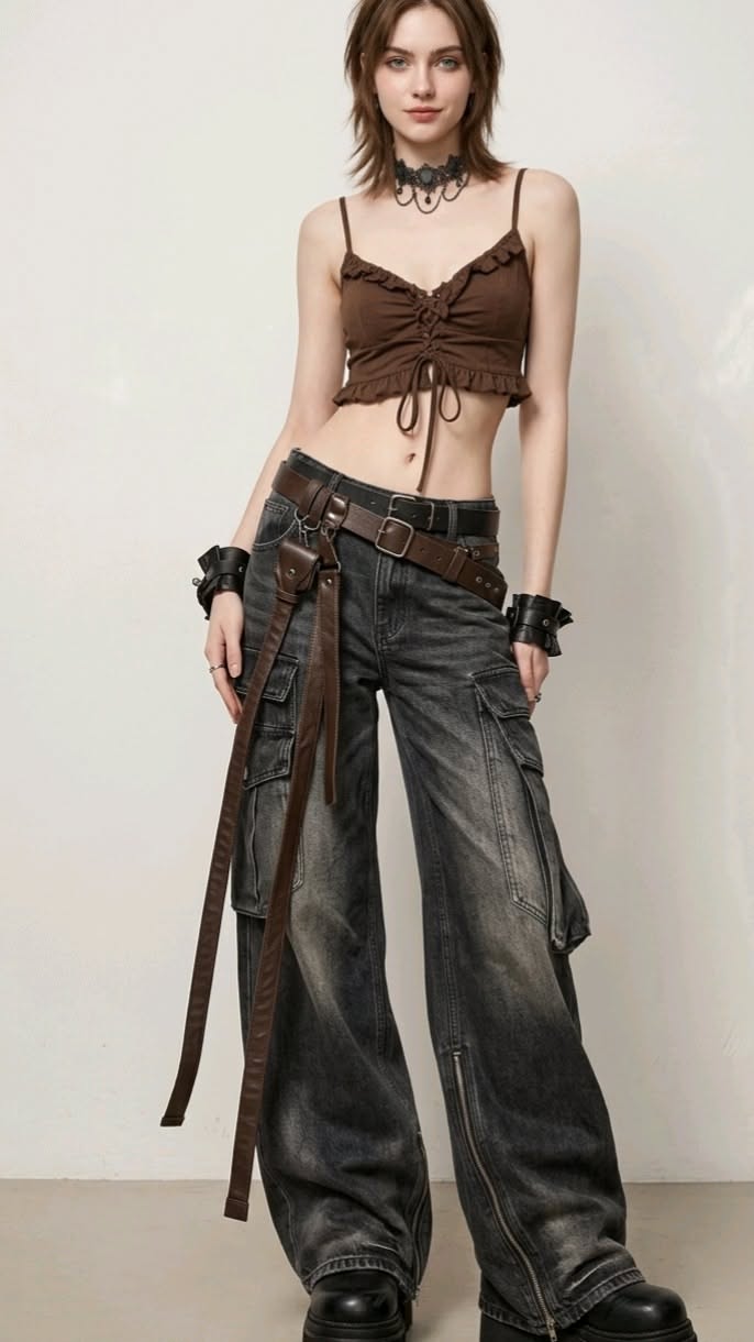 Woman in a brown crop top and wide leg jeans with a choker and short hair