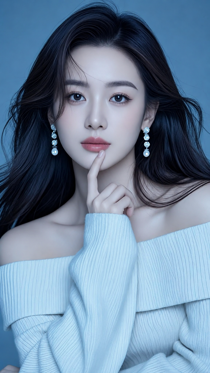 Woman with long dark hair wearing an off-shoulder top and pearl earrings