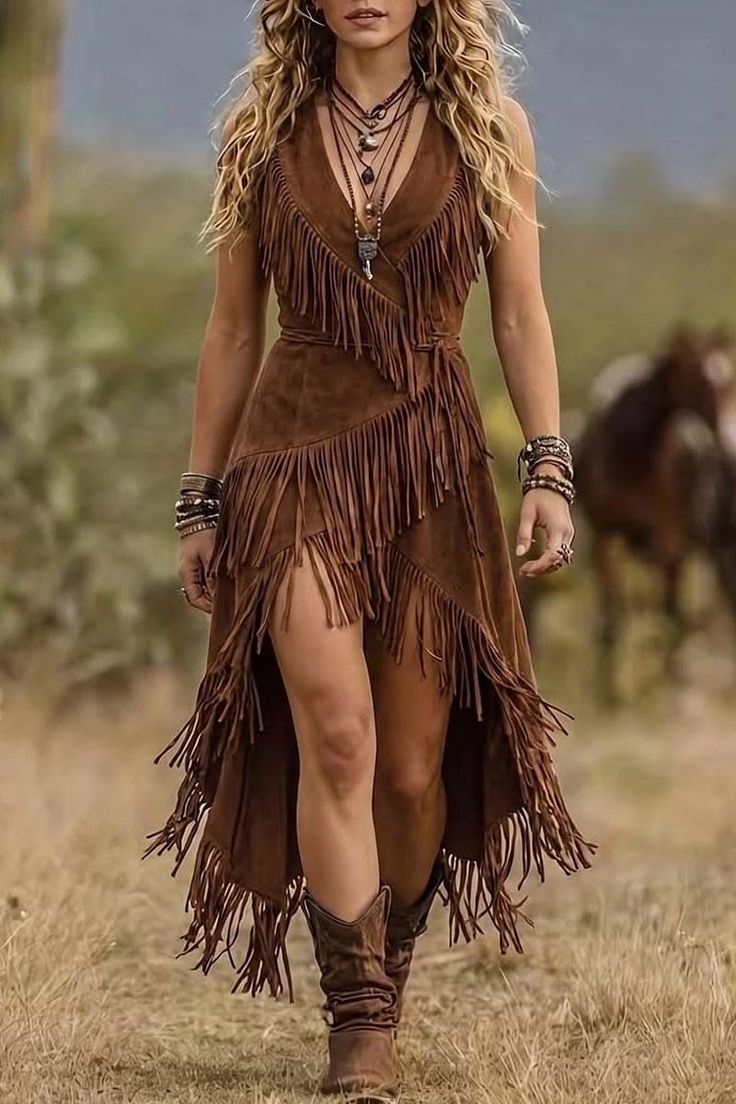 Woman in a brown fringe dress and cowboy boots walking outdoors