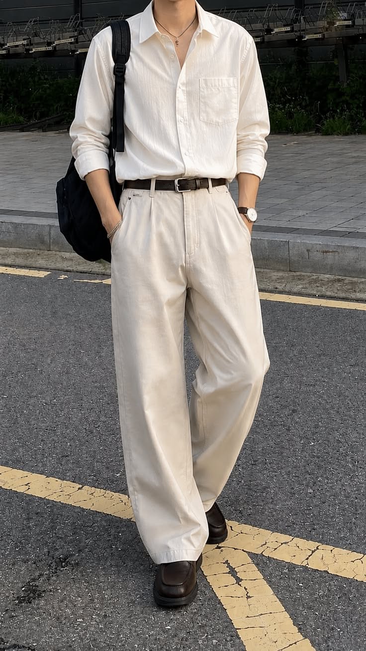Person in a white shirt and wide leg pants standing on a street