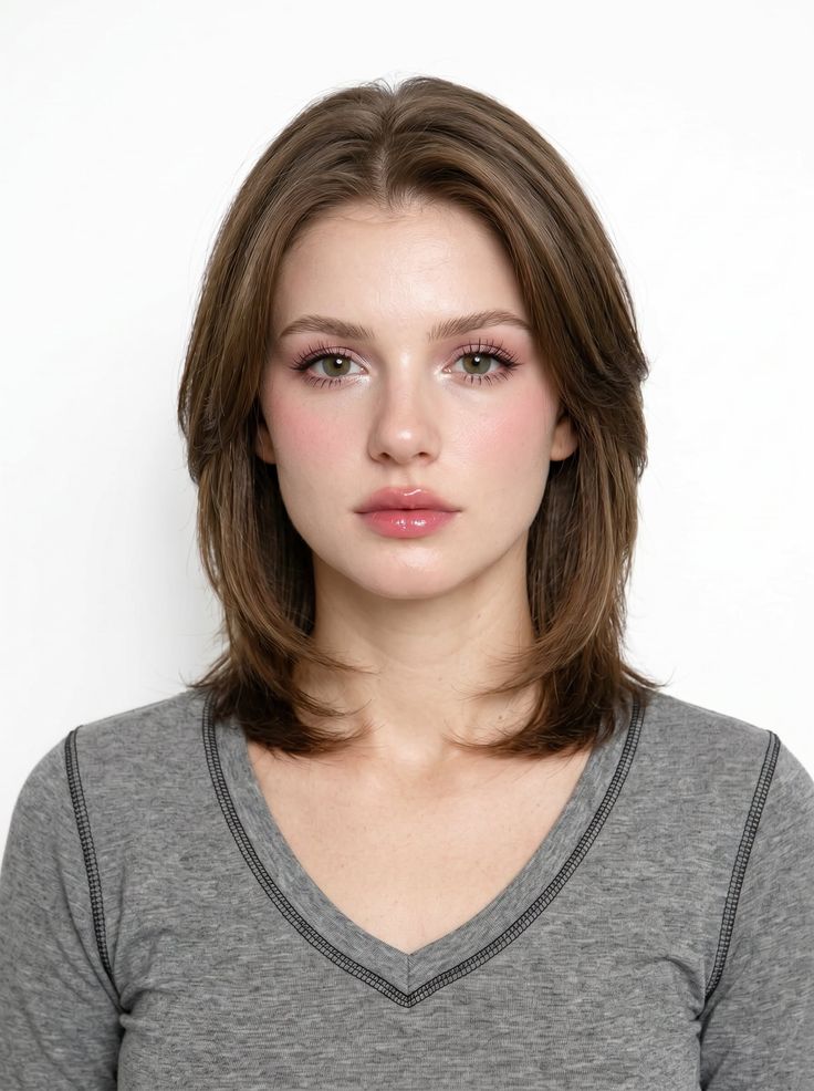 Woman with medium brown hair and pink makeup wearing a grey v-neck shirt