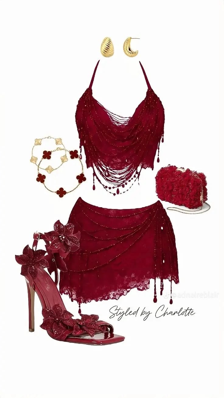 Red halter top and mini skirt with matching accessories and gold jewelry