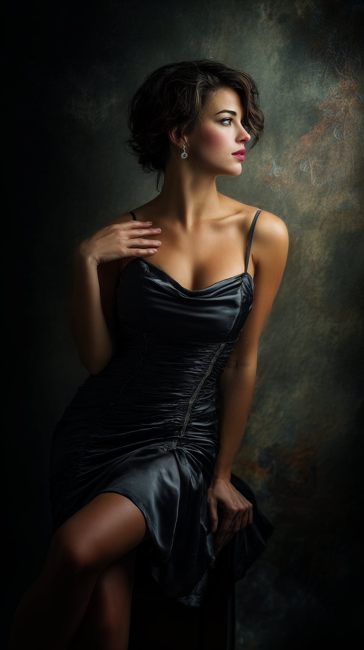 Woman in a black dress with short hair and dramatic lighting