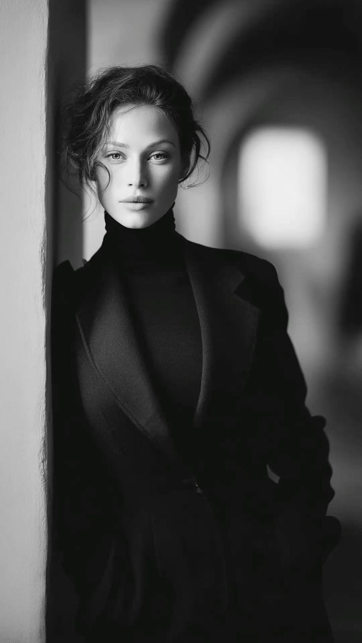Woman in a black turtleneck and coat leaning against a wall in black and white