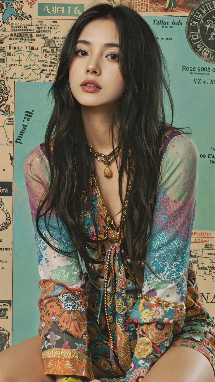 Woman with long dark hair wearing a patterned dress and gold jewelry
