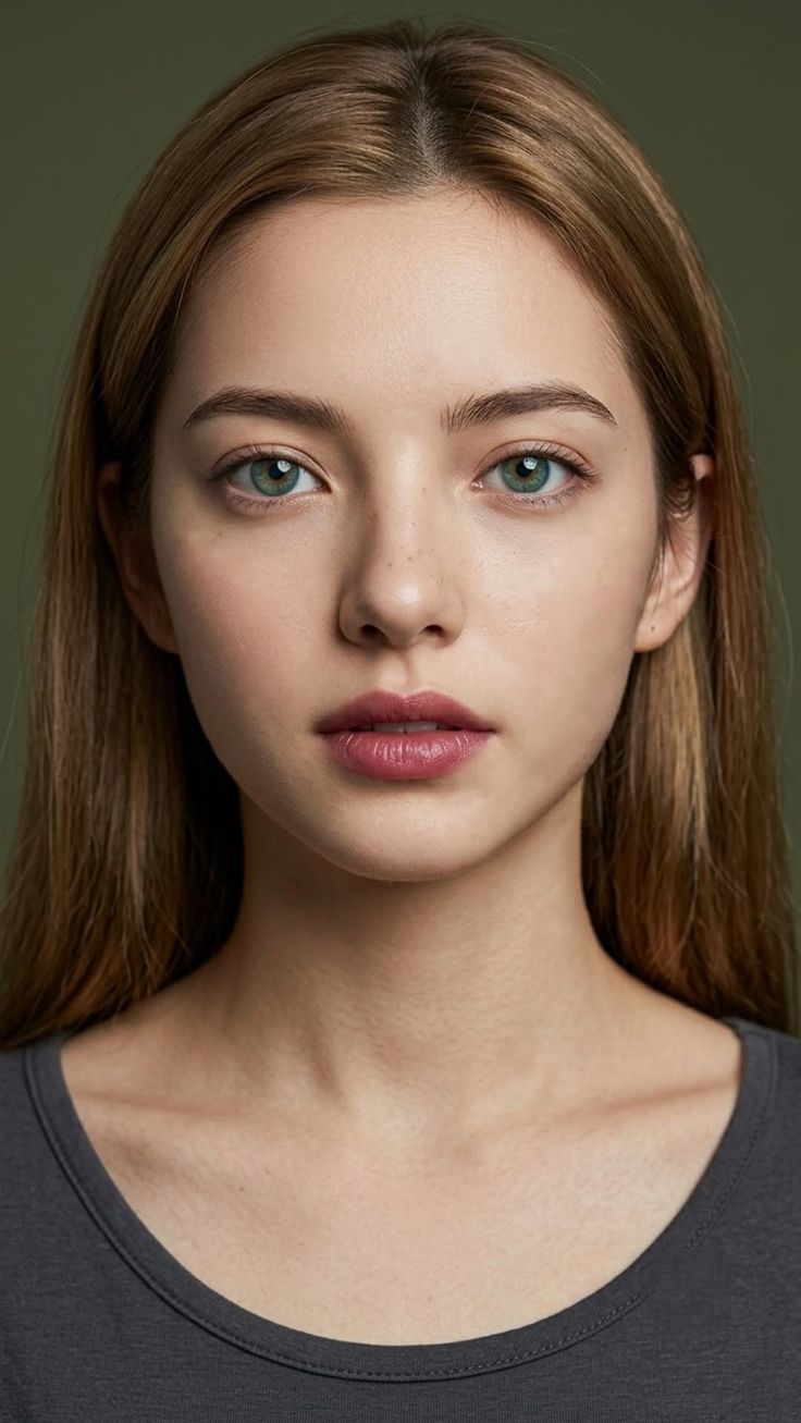 Woman with long hair and green eyes against a dark green background
