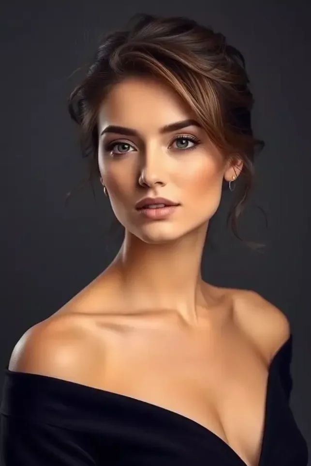 Woman with an updo hairstyle wearing an off-shoulder top with visible cleavage