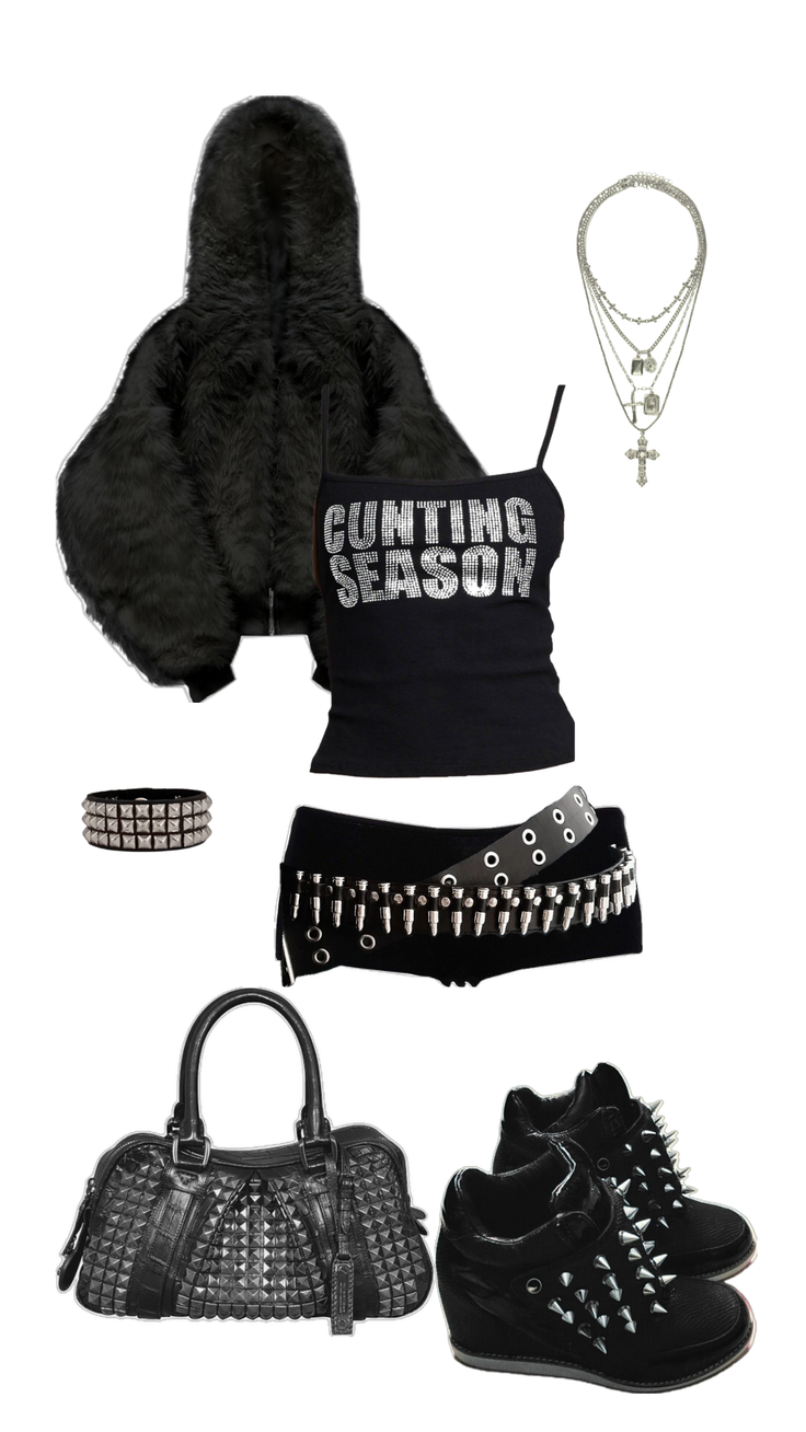 Gothic style outfit with a black fur jacket and studded accessories