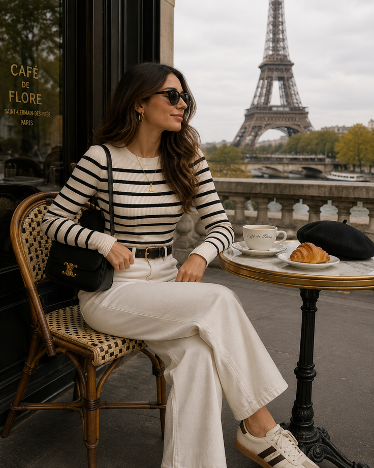 Woman in a striped shirt and white pants at an outdoor cafe in Paris