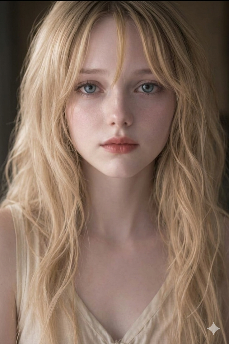 Young woman with long blonde hair and blue eyes in a soft lighting portrait