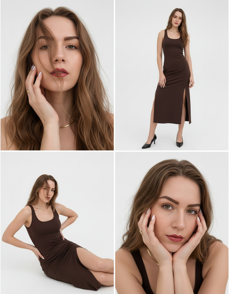 Woman with long hair posing in a brown dress against a white background