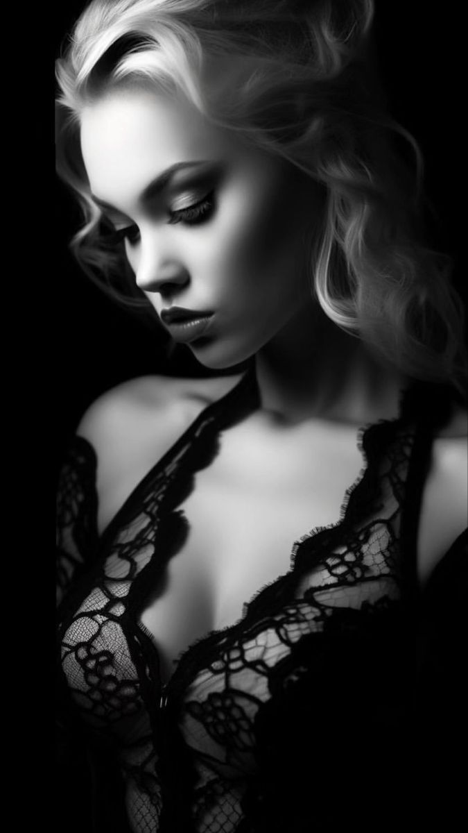 Blonde woman in black lace lingerie with dramatic lighting