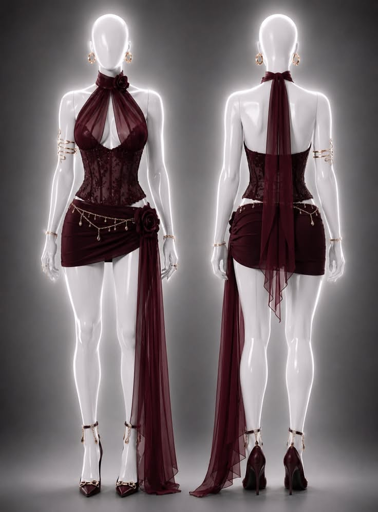 Front and back view of a burgundy dress on a mannequin