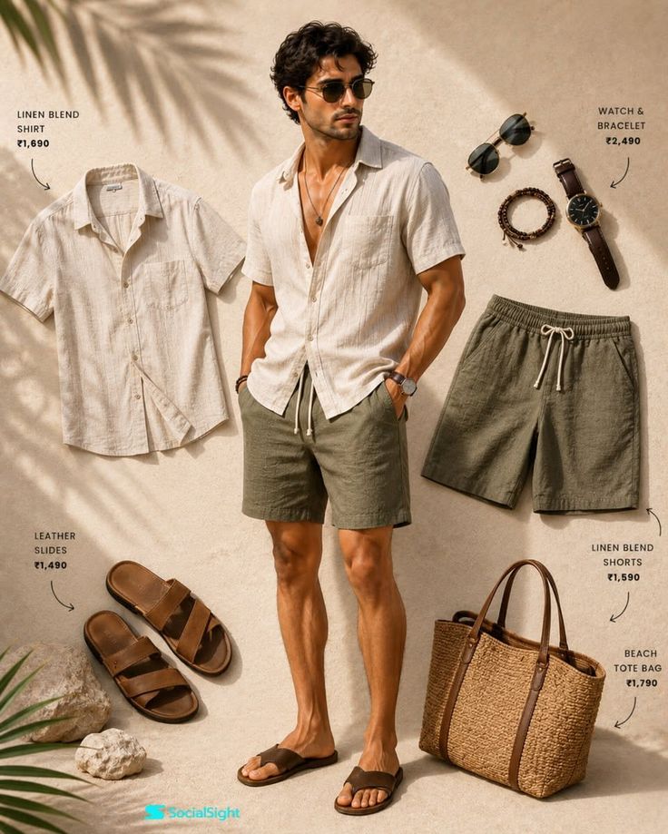 Man in a linen shirt and shorts with summer accessories