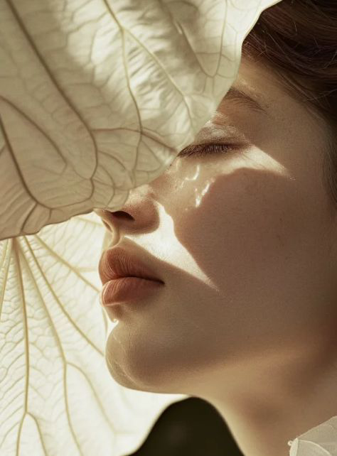 Close up of a person's face in profile, partially covered by a leaf with soft lighting