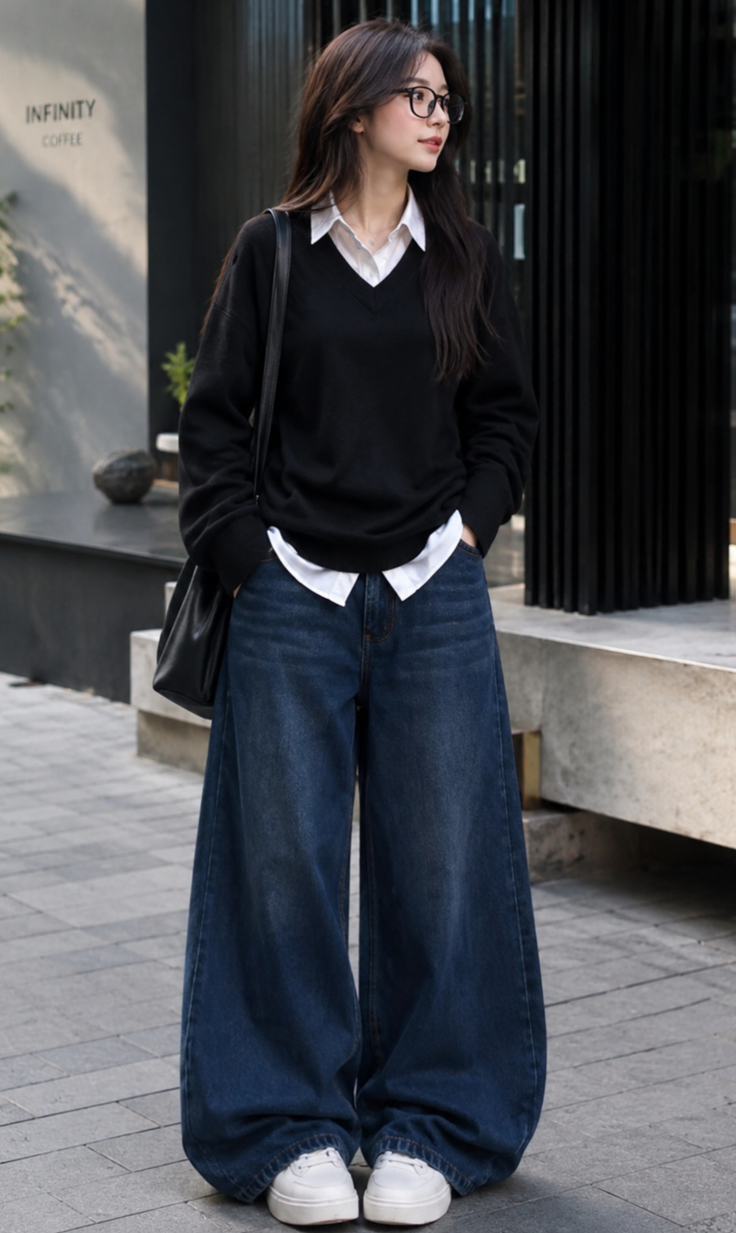 Woman in a black sweater, white shirt, and wide leg jeans on a street