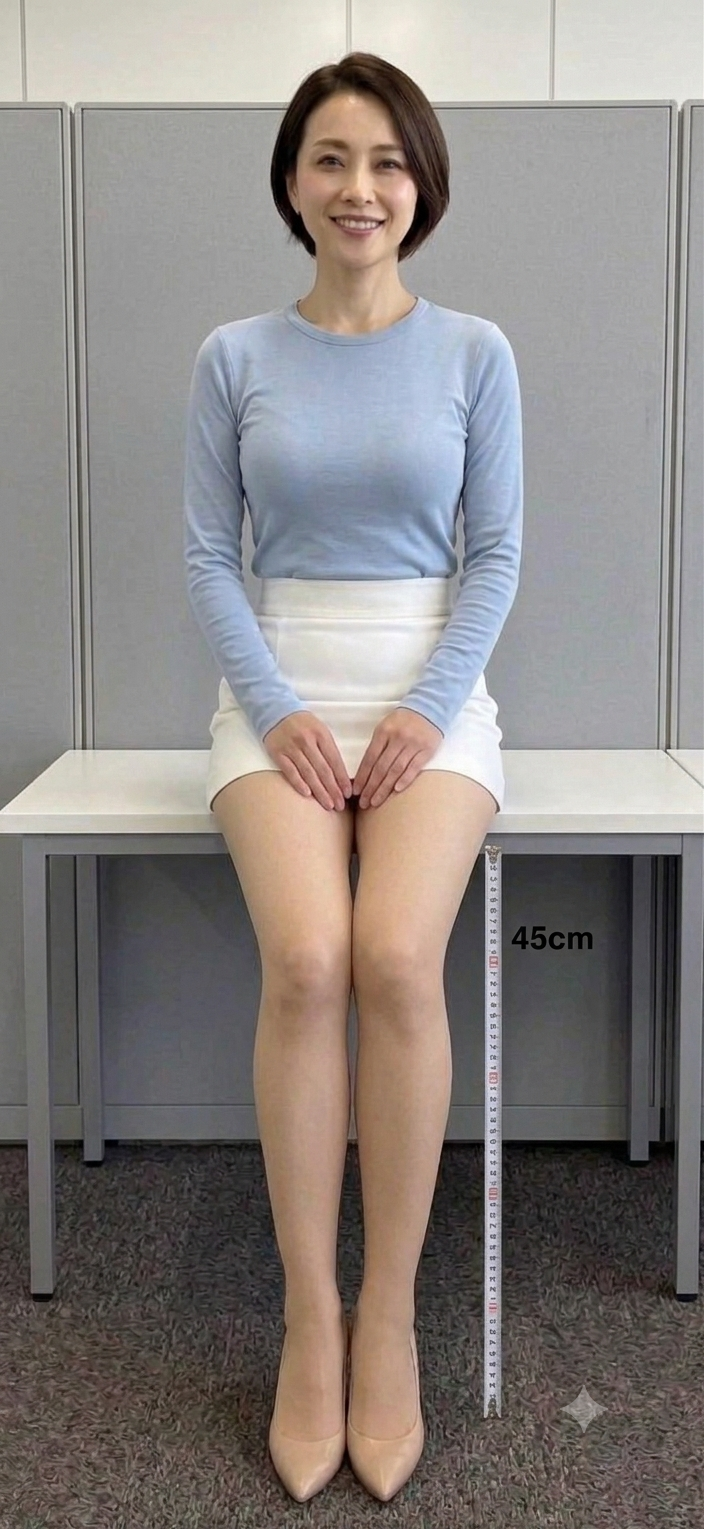 Woman with short hair sitting on a table in an indoor setting