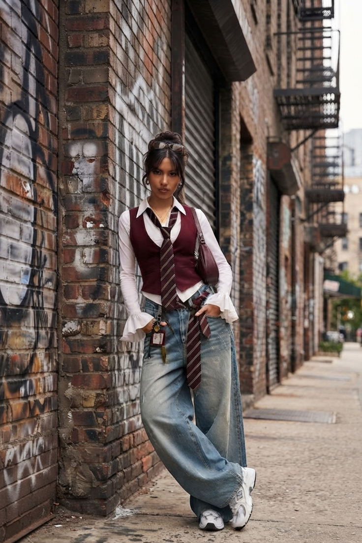 Woman in a vest and baggy jeans leaning against a brick wall on a city street