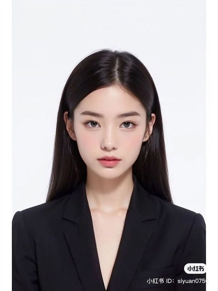 Woman with long black hair wearing a black suit against a white background